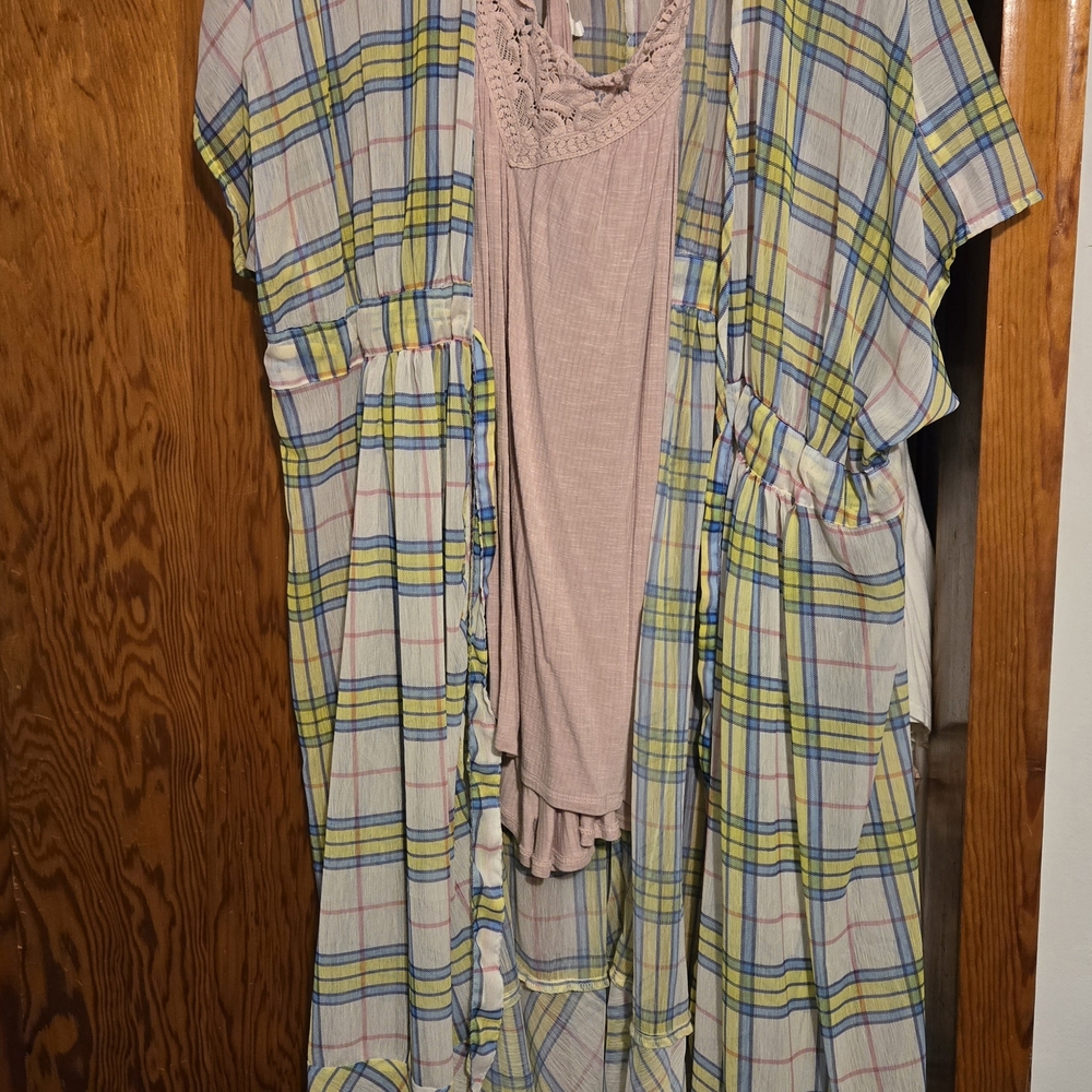 Torrid Multicolor Plaid Kimono with Light Pink Tank Top
